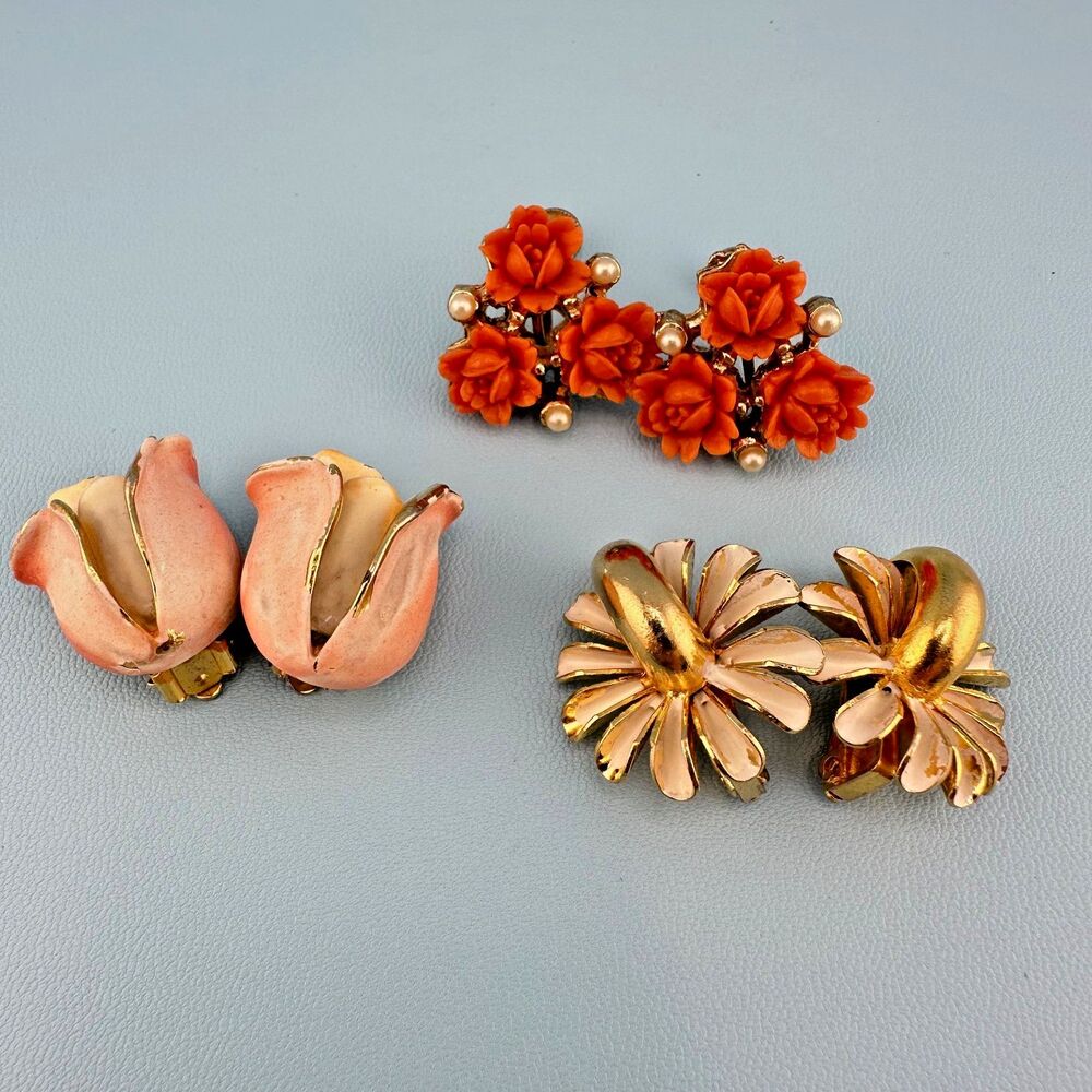 Vintage Flower Earrings Lot Enamel Carved Celluloid Pink Orange White Clip On